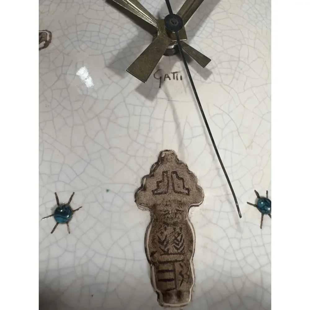 Vintage Signed Gatti Ceramic Native American Tribal Inspired Electric Wall Clock